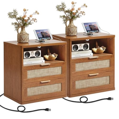 LEYAOYAO Rattan Nightstands Set of 2 with Charger Station, 23" Wide Boho Night Stand with 2 Drawers, Natural Wood Bedside Table Open Shlef, Bed Side End Table Dresser for Bedroom, Living Room Hallway - Image 1