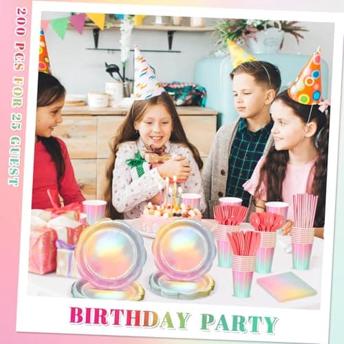 NatNarr 200 Pcs Iridescent Pastel Party Supplies Decorations, 25 Guest Scalloped Iridescent Pastel Plates and Napkins, Holographic Rainbow Plates Cups Napkins Straw Silverware for Girls Birthday - Thumbnail 6