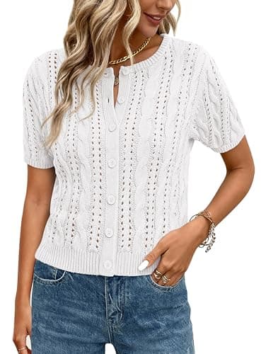MASCOMODA Women Summer Cable Knit Crochet Cardigan Sweaters Casual Button Short Sleeve Sweater Cute Beach Hollow Out Knit Top(White,Medium) - Image 1