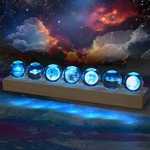 7 Pcs Solar System Planet Crystal Ball with LED Wooden Base Valentine's Gift, 3D Outer Space Astronomy Gifts Room Office Decor Crystal Sphere Unique Christmas Gifts Night Light Planet Lamp - Image 1