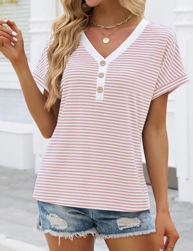 Short Sleeve Shirts for Women Summer Striped Henley Tops Dolman Short Sleeve Casual V Neck T Shirts Trendy 2026 Button Front Dressy Blouses (Pink, Large) - Thumbnail 4