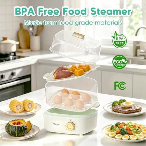 Electric Food Steamer for Cooking, 2-Tier Rapid Egg Cooker, Stackable Steam Cooker for Baby Food, Meal Prep, Quick Healthy Cooking for Vegetables, BPA-Free, 30-Min Timer, 3 Containers&1 Spoon Included - Thumbnail 6