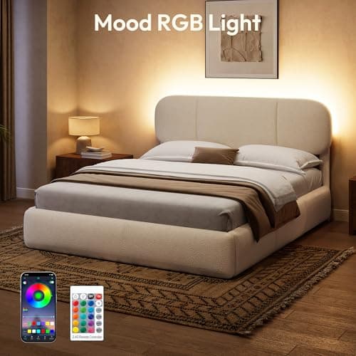 Uteeran Queen Size Bed Frame with Storage, Boucle Cloud Bed with 4 Locking Drawers & LED Lights, Modern Upholstered Platform Bed, Plush Sides & Footboard, Adjustable Headboard, No Box Spring, Beige - Thumbnail 3