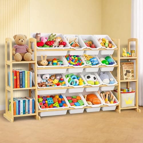 Etitlly Kids Toy Storage Organizer with Bookshelf – Wooden Shelf with 16 Bins & 6 Shelves, Quick Assembly Storage Rack for Playroom, Bedroom, Nursery - White - Image 1