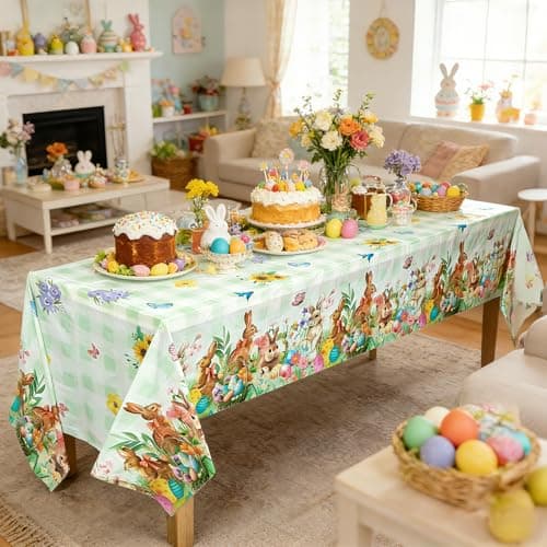 Accevo Easter Tablecloth 54 x 108 Inch Rectangle,2 Pack Easter Decorations, Disposable Plastic,Easter Bunny Table Cloth for Dining Room Spring Oblong Tablecloth Indoor Decor Party - Thumbnail 5