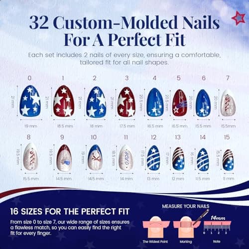 SKUPHI 4th of July Press On Nails Memorial Day Nails Almond Cat Eye Salon Quality Handmade Reusable Stick On False Nails 32 Nail Kit-16 Sizes - Thumbnail 5