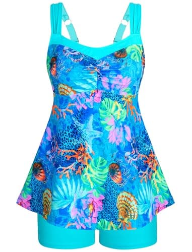 HUSKARY Plus Size Swimsuits Tankini Swimsuit Modest Tummy Control Swimming Suits Two Piece Swimwear 18W Blue Printed - Image 1