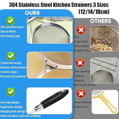 Fine Mesh Strainer Set, 304 Stainless Steel Kitchen Strainers 3 Sizes (12/14/18cm), 40 Mesh Sieve for Rice, Pasta, Flour, Tea & Juicing, Rustproof Food Strainer with Long Handle, Dishwasher Safe - Thumbnail 4