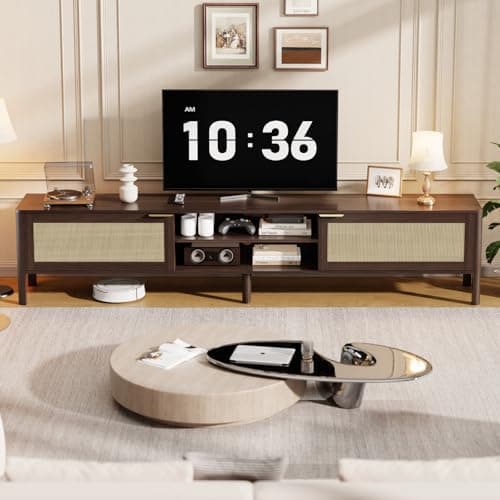 IKALIFE Rattan TV Stand for Living Room - Fits up to 80 Inch TVs, Rattan Media Console Table with Adjustable Shelves & 2 Storage Cabinets, Mid-Century Modern Entertainment Center, Walnut 71" - Thumbnail 6