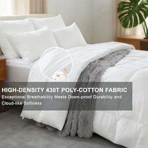 ALPSWAN Goose Feather Down Fiber Comforter Queen Size, White Polyester Cotton Duvet Insert, All Season Medium Warmth Fluffy Bedding Comforter (White, Queen) - Thumbnail 4
