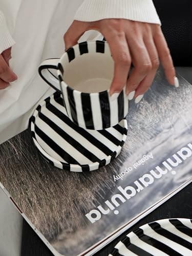 Cup and Saucer Set Hand-Painted Black Stripes, 8 Oz Ceramic Coffee Mug, Espresso Cups, Porcelain Coffee Cup for Cappuccino, Espresso, Coffee, Tea, Cafe Mocha, Latte, Set of Cup Gift for Coffee Lover - Thumbnail 6