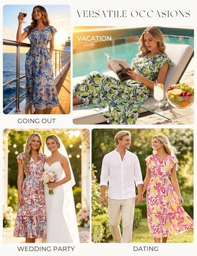 GRACE KARIN 2026 Summer Wedding Guest Dresses for Women Ruffle Sleeve Boho Midi Dress Smocked Flowy Floral Dress with Pocket Orange Blue M - Thumbnail 4