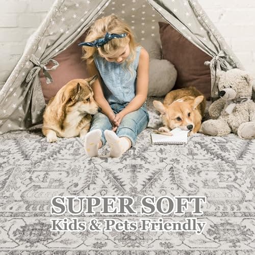 Area Rugs 5x7 for Living Room - Washable Soft Large Vintage Rug Non-Slip Stain Resistant Traditional Stain Resistant Indoor Floor Low Pile Carpet for Bedroom Dining Room or Home Office - White - Thumbnail 4