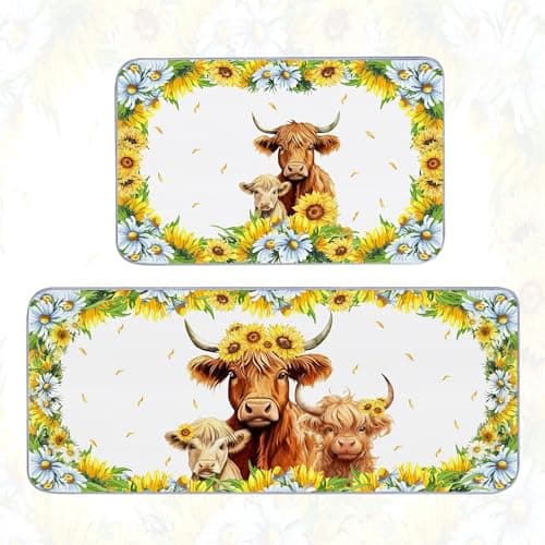 Vetoxka Highland Cow Decor Kitchen Rugs Mat Set of 2, Sunflower Cattle Floor Mats, Cute Absorbent Washable Runner Rug Sets Watercolor Floral Home Decor, Office, Doormats, Farmhouse Novelty Gifts - Image 1