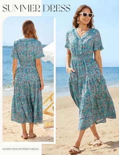 GRACE KARIN Casual Summer Dress for Women 2026 V-Neck Short Sleeve Ruffle Maxi Dress Blue Green Floral XXL - Thumbnail 2