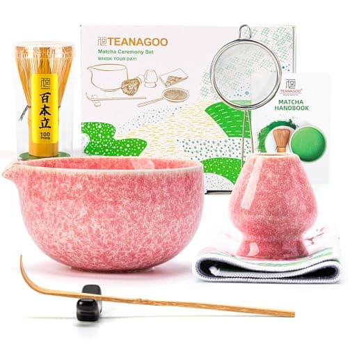 TEANAGOO Matcha Whisk Set,7 Pcs Matcha Set Pink,Ceremony Matcha Kit,Matcha Tea Set for Making Latte,Ceramic Bowl(chawan) whith Spout and Whisk,Gift for Matcha Lovers - Image 1