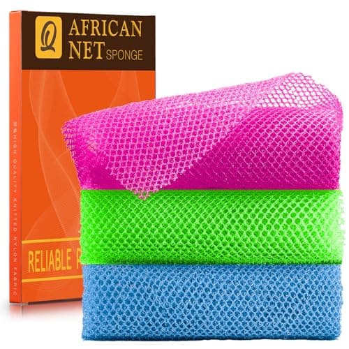 UJFQBH 3 Pieces African Bath Sponge African Net Long Net Bath Sponge Exfoliating Shower Body Scrubber Back Scrubber Skin Smoother,Great for Daily Use (Rose Red, Blue, Green) - Image 1