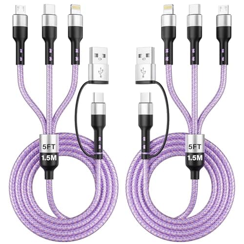 Travel Essentials, 3 in 2 Multi Charging Cable USB C Charger for iPhone 17, Multi Charger Cord with Type C/Lightning/Micro USB, Compatible for iPhone 17 to 11, Android, Galaxy, iPad, 2Pack-5 FT