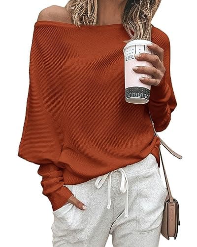 Zenlonr Women's Fall Winter Sweaters 2025 Casual Long Batwing Sleeve Loose Off Shoulder Knit Pullovers Jumper Tops(Orange,Large) - Image 1