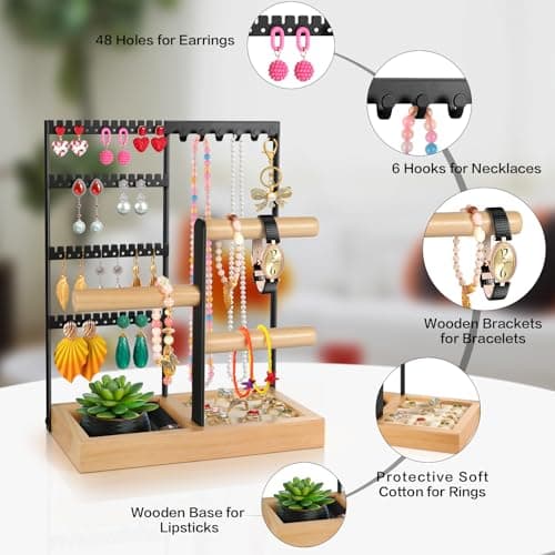 Godboat Jewelry Holder Organizer, 4-Tier Earring Holder with 48 Holes, 6 Hooks Necklace Holder, Removable Bracelet Holder, Gifts for Women, Mom, Mothers Day, Cool Preppy Stuff and Room Decor, Black - Thumbnail 4