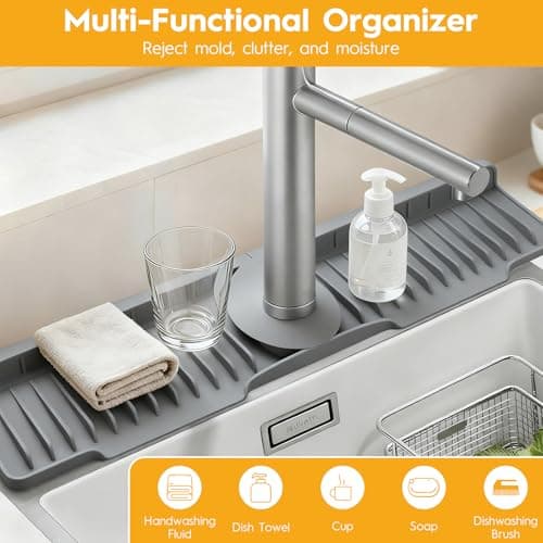 24" Silicone Faucet Mat for Kitchen Sink Released in 2025/12TH,8° Slope Fast Self-draining, Bathroom Kitchen Sink Area Water Splash Guard Behind Faucet Draining Dark Grey - Thumbnail 6