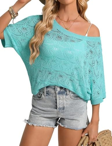 GRACE KARIN Womens Crochet Hollow Out Tops Off Shoulder Boho Knit Sweater Short Sleeve Summer Beach Vacation Outfits Light Blue L - Image 1