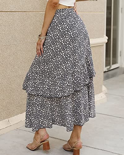 BTFBM Women 2026 Spring Summer Long Skirts Dress Boho Floral Elastic Waist Split Ruffle High Low Beach Maxi Skirt Clothes(Z-Navy, Medium) - Thumbnail 4