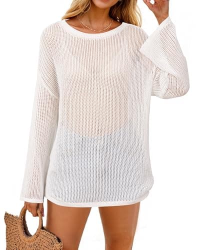 Arach&Cloz 2025 Women's Lyocell Linen Summer Fall Lightweight Oversized Swimsuit Cover Up Off Shoulder Crochet Tops Long Sleeve Boat Neck Shirts Loose Beach Vacation Outfits Casual Cute White L - Image 1