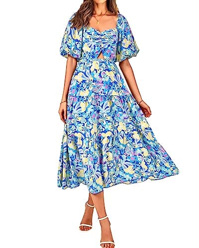 BTFBM Women's Clothing Spring Summer Dresses 2026 Beach Vacation Short Sleeve Smocked Back Boho Casual Floral Maxi Dress(Print Blue, Large) - Image 1