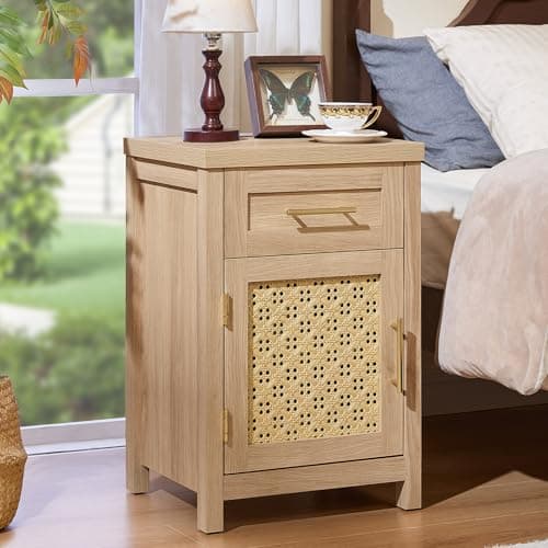 YUFAM Small Rattan Nightstand - Boho Night Stand with Type-C Charging Station for Bedroom, Modern Nightstands w/Drawer for Small Space, Wood Bedside Table w/Adjustable Storage Shelf, Natural Oak - Image 1