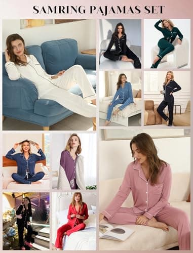 Samring Womens Pajamas Set Classic Long Sleeve Button Down Sleepwear 2 Piece Soft Cozy Sleepwear Loungewear Light Grey L - Thumbnail 3