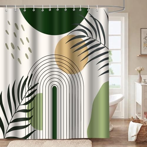 LYLYCTY Boho Shower Curtain Set, Green Bohemian Mid Century Leaf Sun Modern Shower Curtains for Bathroom Decor Waterproof Fabric with 12 Hooks 72x72 Inches - Image 1