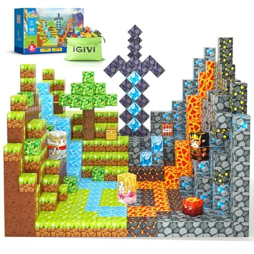 IGIVI Magnetic Blocks - Build Mine Magnet World Lava Valley Set, 1" Magnetic Cube Building Toys for Kids Ages 3+, Montessori Sensory Toys for Toddlers, Creative Game Themed Toy Gifts for Boys & Girls - Image 1