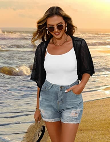 iClosam Women Sheer Shrug Tie Front Short Sleeve Cropped Bolero Shrug Cardigan - Thumbnail 4