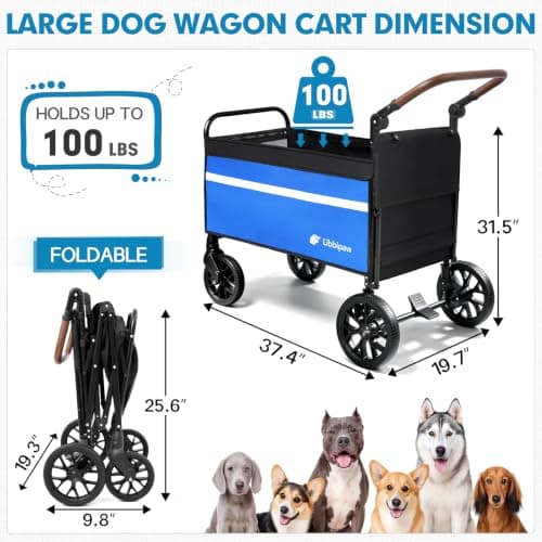 Libbipaw Dog Wagon for Medium & Large Dogs, Foldable All-Terrain Dog Stroller Wagon with Ramp, Adjustable Handle, One-Step Brake, Heavy Duty Pet Wagon (Blue) - Thumbnail 6