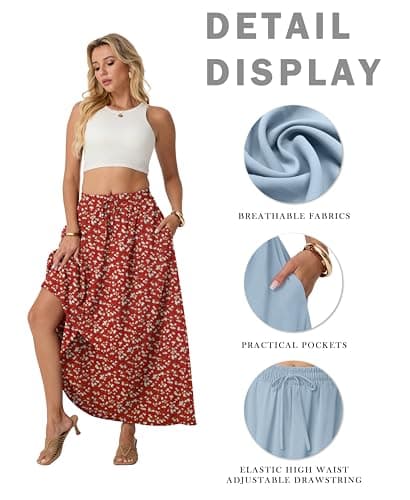 Lepunuo Casual Maxi Skirt Boho High Waisted Flowy Trendy Cute Ladies Skirts with Pockets - Thumbnail 4