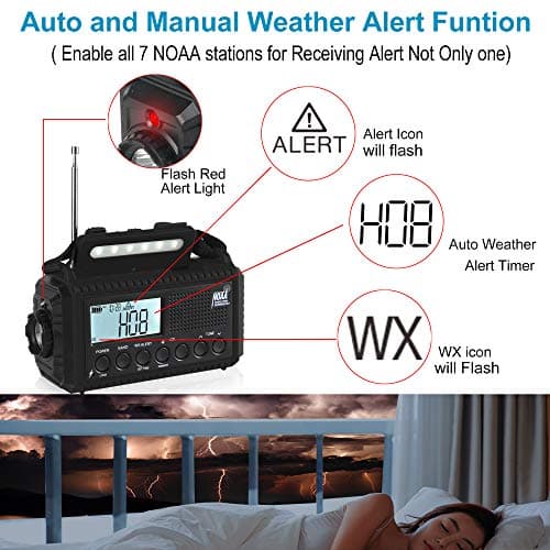 Auto NOAA Digital 5000 Weather Radio with Backlit LCD Screen, 5 Way Powered Solar Hand Crank Portable AM/FM/Shortwave Emergency Radio/Phone Charger,Read Lamp/Camping Flashlight,Earbud Jack,Clock,SOS - Thumbnail 2