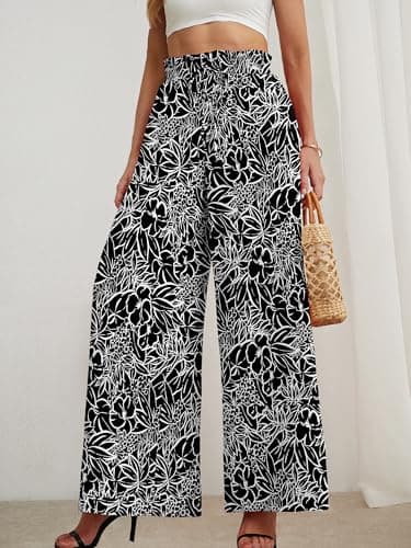 Heymoments Women's Wide Leg Dress Pants with Pockets White Flower Black Large Lightweight Elastic High Waisted Adjustable Tie Knot Flowy Casual Ladies Beach Pleated Trousers - Thumbnail 3