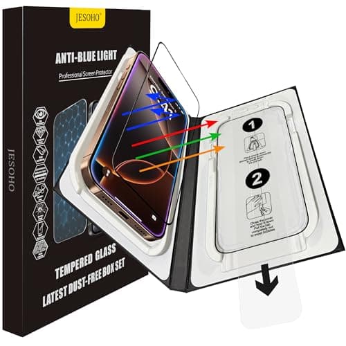 JESOHO Screen Protector for iPhone 16 Pro Max Blue Light Block,Military-Grade Shatterproof HD Tempered Glass with Easy Installation Tray,Touch Sensitive, 9H Hardness, Anti-Scratch,2 Pack - Image 1