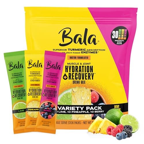 Bala Total Body Wellness Drink Mix, Hydrate & Recover Variety Pack, Pineapple, Lime & Berry, 10 Per Flavor, Zero Sugar Electrolytes Powder Packets with Enzymes & Amino Acids, Turmeric Drink, 30 Sticks - Image 1