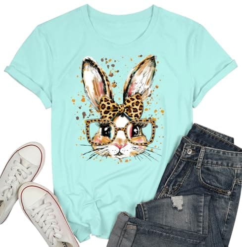 Easter Shirts for Women Happy Easter Bunny with Glasses Tshirt Leopard Bow Bunny Blouse Holiday Graphic Tees - Image 1