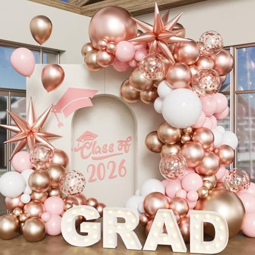 Rose Gold Balloon Arch kit, 130Pcs Rose Gold Champagne Gold Pink White Balloons with Foil Star Confetti Balloons for College High School Graduation Decorations Class of 2026 - Image 1