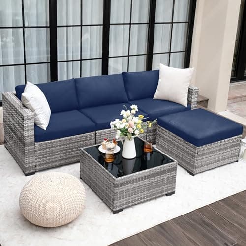 UDPATIO 5 Piece Patio Furniture Set, All-Weather Wicker Outdoor Sectional Sofa, L Shaped Outdoor Conversation Couch with Ottoman, Glass Table for Balcony Porch Backyard, Blue - Image 1