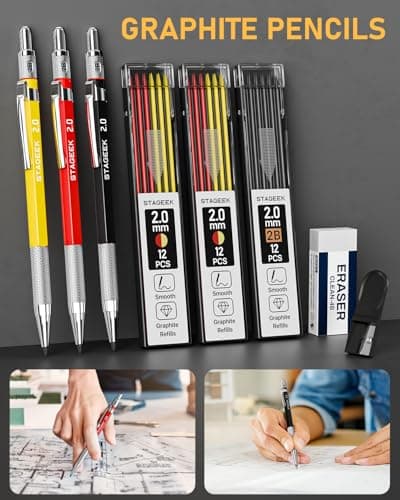 22 Pack Mechanical Carpenter Pencil Set with Sharpener 60 Refills, Automatic Center Punch, Carbide Scribe Tool, Eraser and Deep Hole Marker Pen, Heavy Duty Construction Pencil for Architect-With Pouch - Thumbnail 3