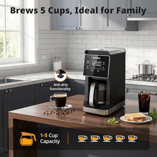 AIRMSEN Grind & Brew Coffee Maker with Built-in Grinder, Programmable Single Serve Coffee Maker - 5 Cup Capacity, 3 Grind Settings, Auto Keep Warm & Glass Carafe for Home and Office - Thumbnail 6