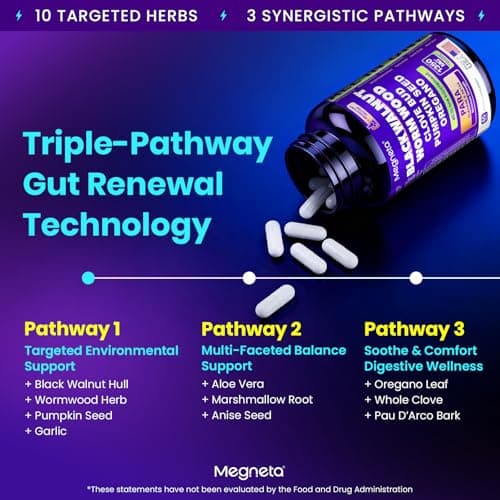 MEGNETA Wormwood Black Walnut Clove Cleanse for Humans, Intestinal Cleanse & Gut Detox with Pumpkin Seed & Oregano, Vegan Digestive Support for Adults, 60 Capsules - Thumbnail 6