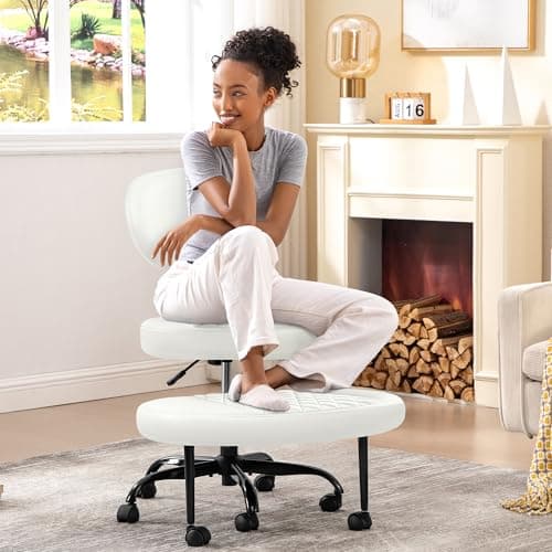 AtHope Ergonomic Cross Legged Office Chair with Wheels - Adjustable Height for Meditation, ADHD Desk & Yoga - Wide Criss Cross Design with Lumbar Support, Kneeling Chair - White - Image 1