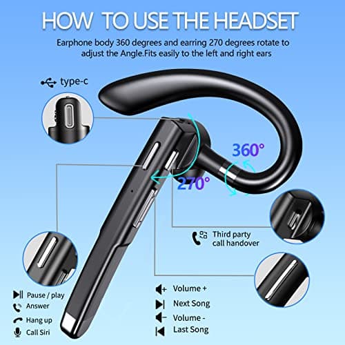 Hsility Bluetooth Headset for Work 500Hrs Standby Time with Charging Case 270 Degrees Rotatable Microphone with LED for Truck Driver Bussiness and Travel - Thumbnail 3