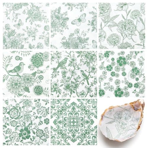 16 Pcs 8 Styles Decoupage Napkins, Sage Green Floral Paper Napkins Chinoiserie Decorative Cocktail Napkin Pretty Printed Cocktail Paper for DIY Crafting Furniture Decor Birthday Party Baby Shower - Image 1