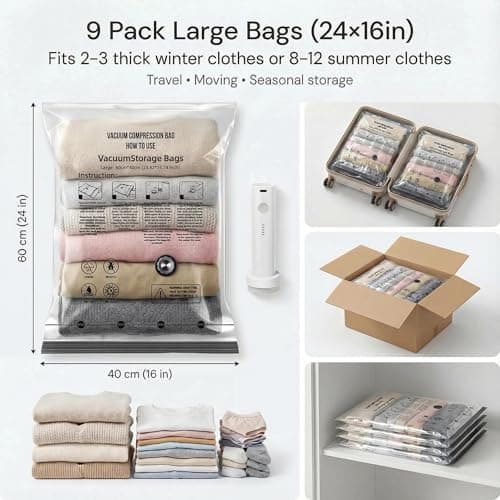 Yobobo Vacuum Seal Bags for Clothing: 9 Pack Large Travel Vacuum Bags for Luggage with Rechargeable Electric Pump - Space Saver for Carry-On Packing - Thumbnail 3
